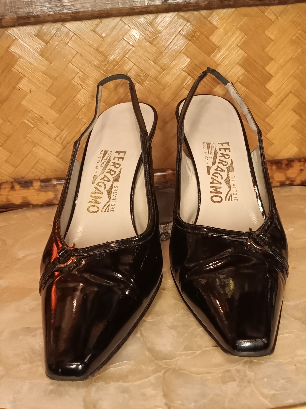 Stunning Salvatore Ferragamo Black Patent Leather Slingback Mules Heels 6.5